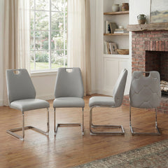 Dining Chairs Set of 4, Light Gray Faux Leather Kitchen Chairs with Gold Mesh Texture, Silver Back Ring and Chrome Pull Handle, High Back Upholstered Dining Room Chair (Light Gray, Set of 4)