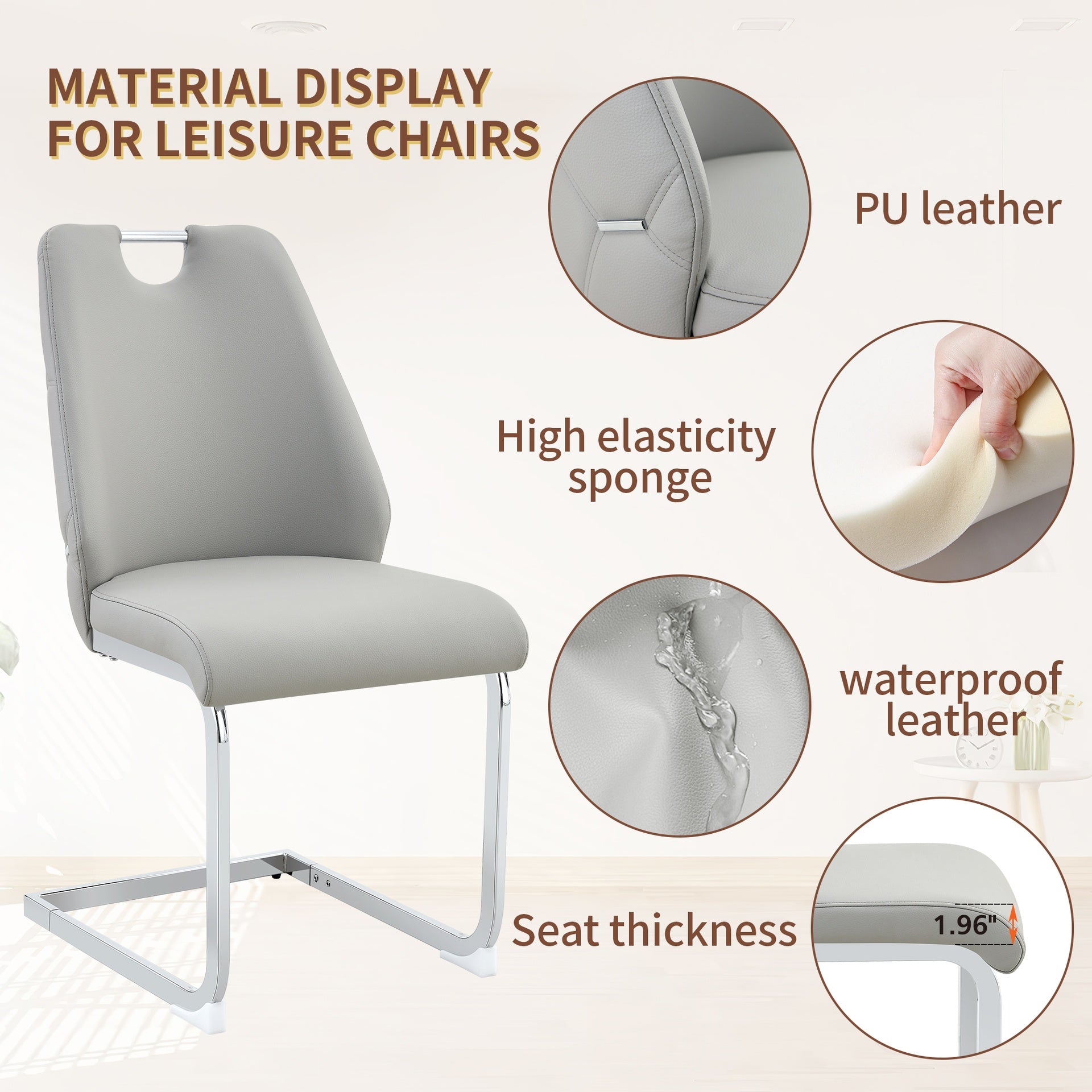 Dining Chairs Set of 4, Light Gray Faux Leather Kitchen Chairs with Gold Mesh Texture, Silver Back Ring and Chrome Pull Handle, High Back Upholstered Dining Room Chair (Light Gray, Set of 4)