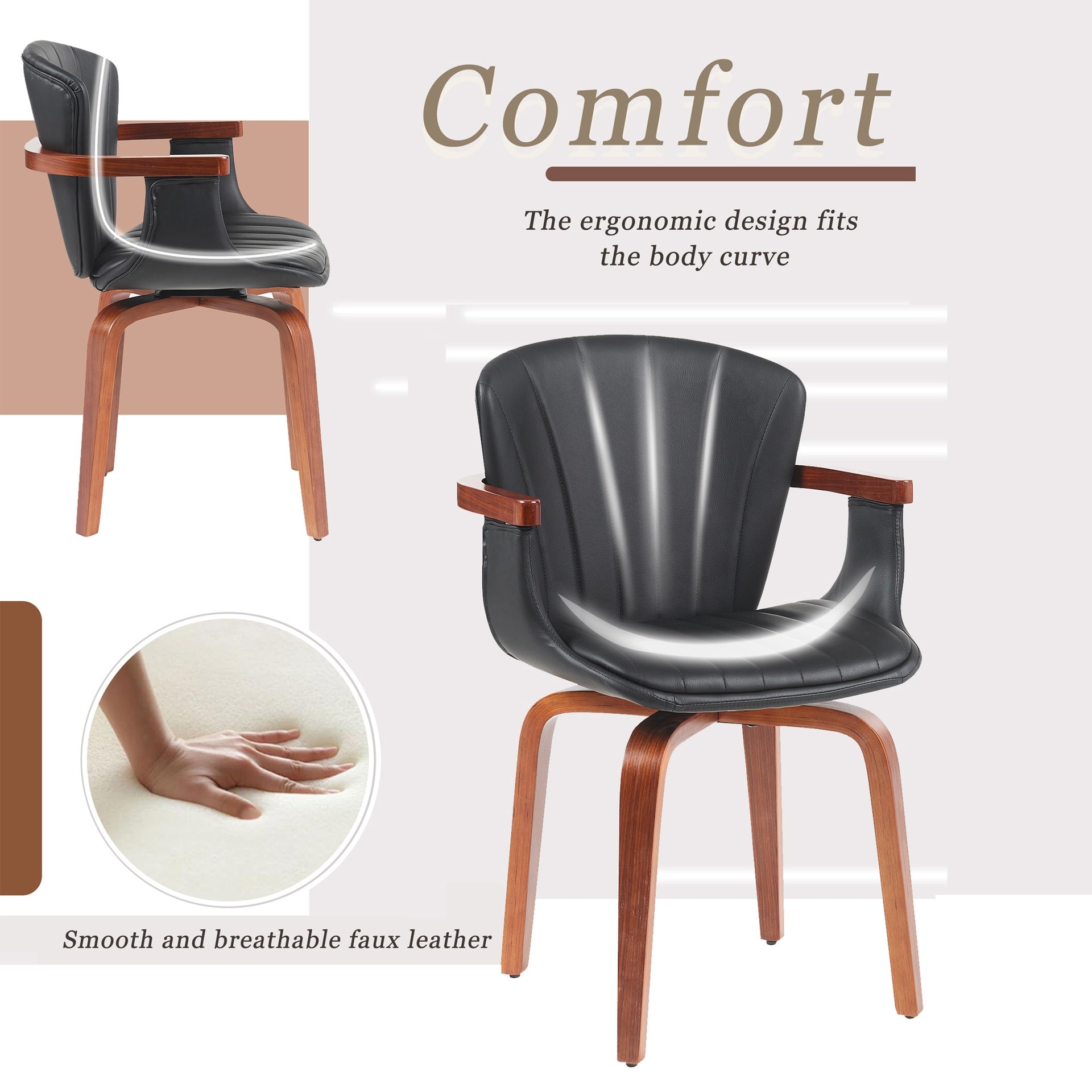 Mid-Century Modern Bentwood Swivel Dining Chairs (Set of 2) – Heat-Pressed PU Leather Accent Chairs in  Black