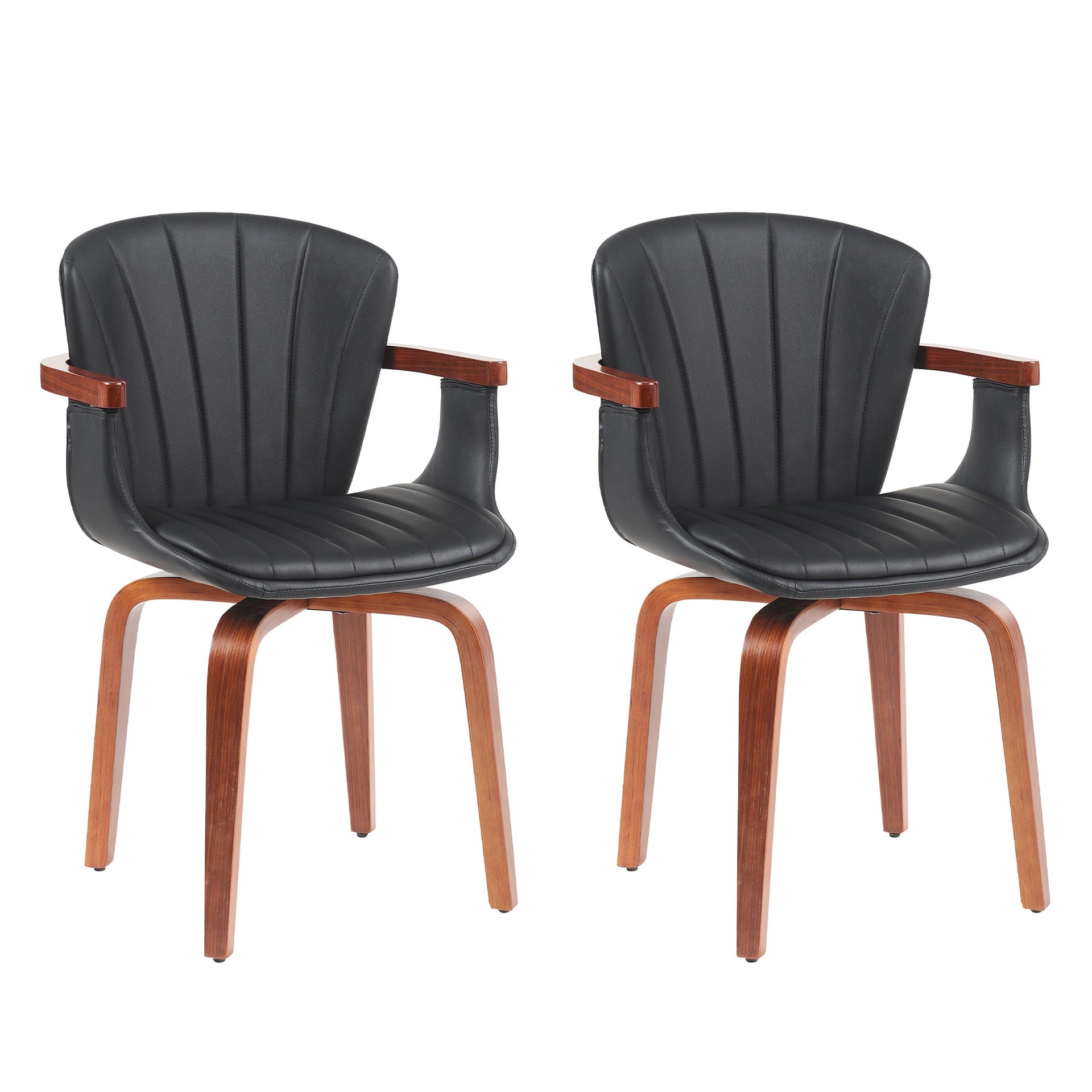 Mid-Century Modern Bentwood Swivel Dining Chairs (Set of 2) – Heat-Pressed PU Leather Accent Chairs in  Black