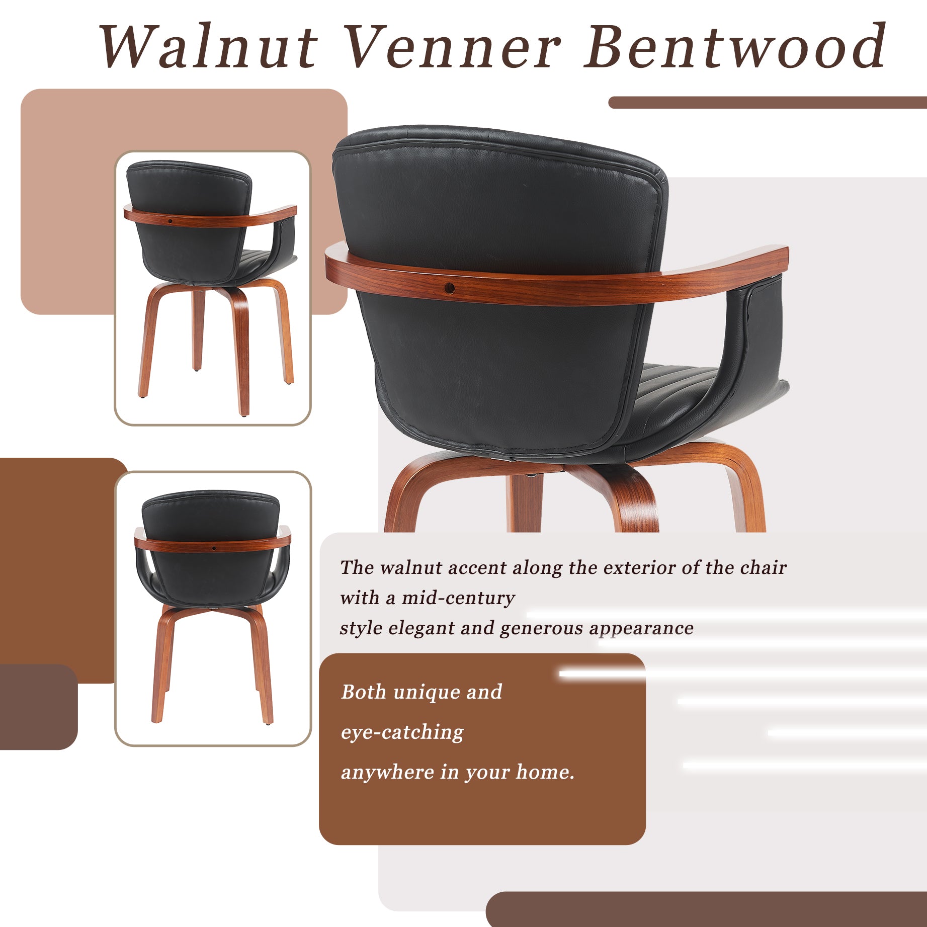 Mid-Century Modern Bentwood Swivel Dining Chairs (Set of 2) – Heat-Pressed PU Leather Accent Chairs in  Black