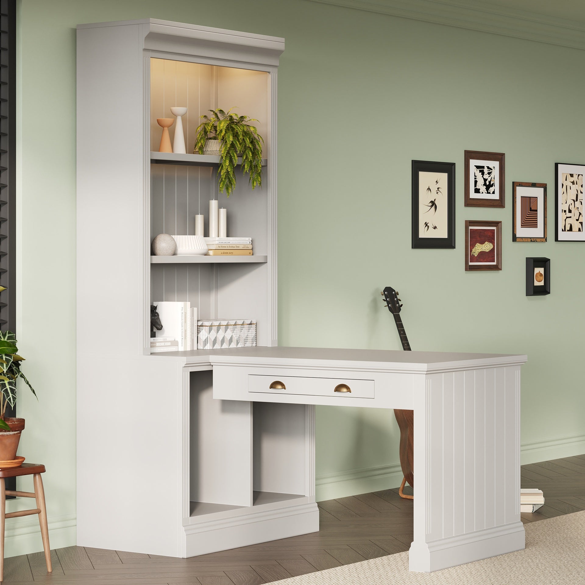 83.4"Tall Bookshelf with Writing Desk, Modern Bookcase with Study Desk, Workstation with Storage Shelf,Storage Bookcase with Open Shelves and LED Lighting for Living Room,Home Office,White