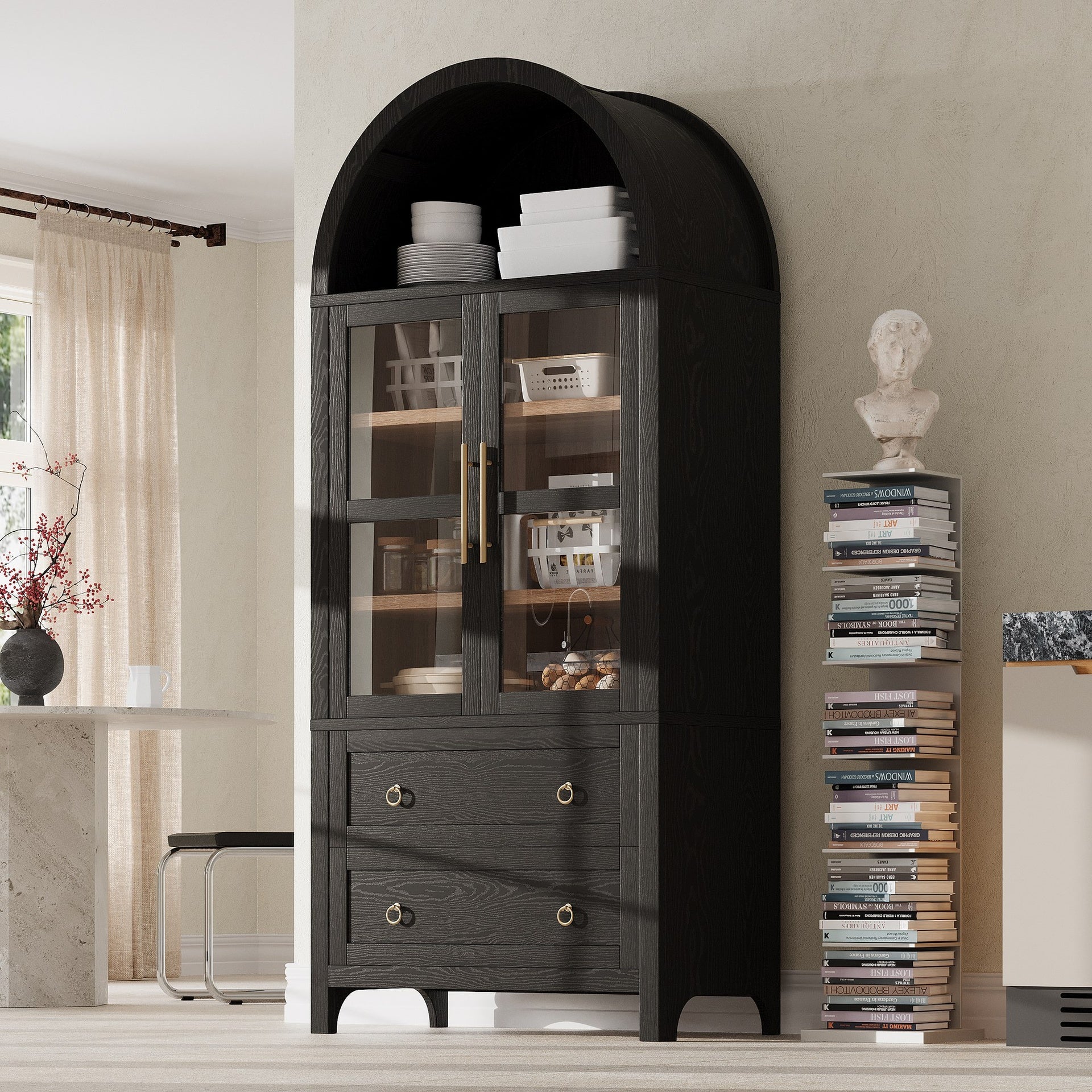 K&K 71" Tall Arched Kitchen Pantry Cabinet with 2 Large Drawers, Modern Farmhouse Kitchen Storage Cabinets with Adjustable Shelves, Glass Door, Wood Versatile Cupboard for Kitchens, Dining Room, Black