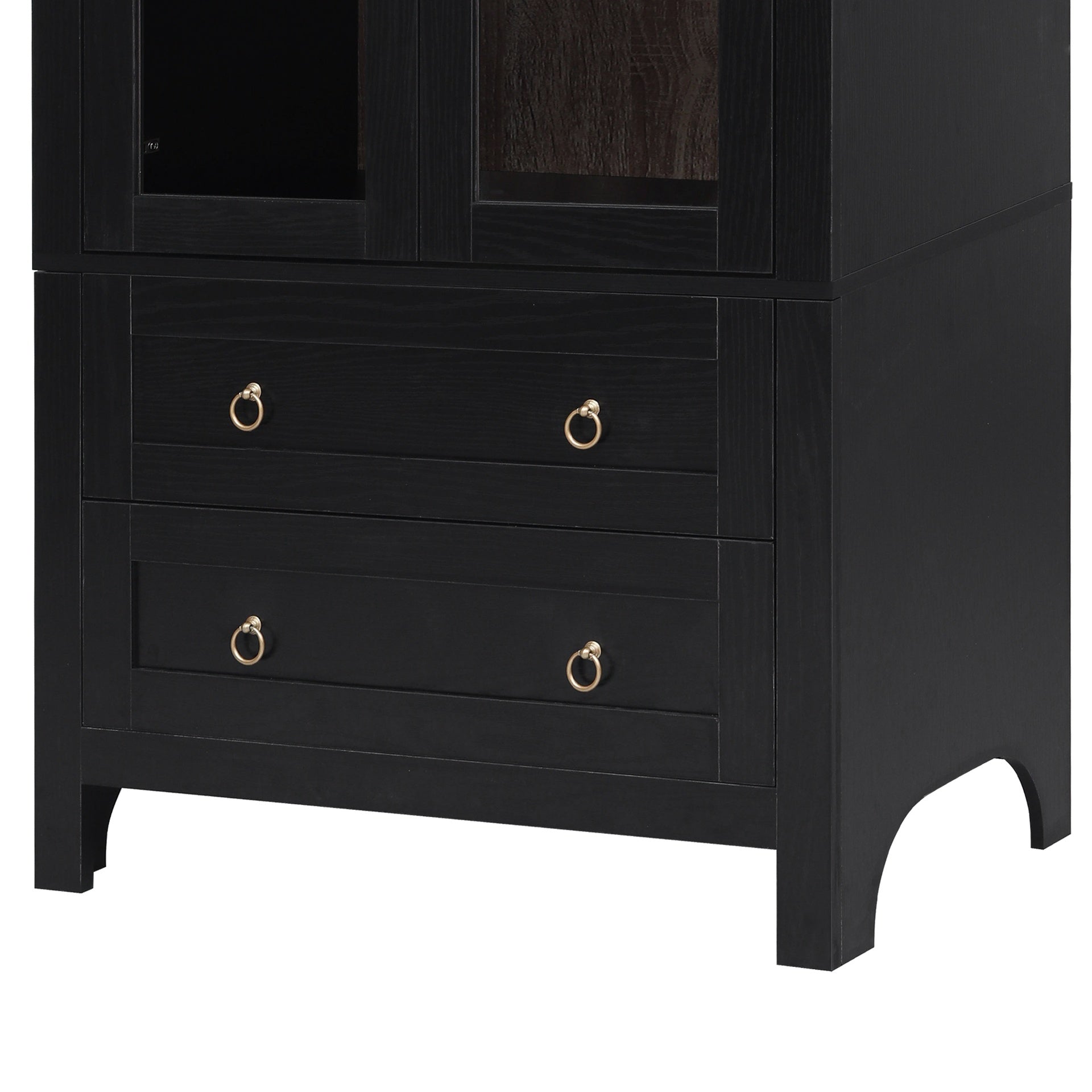 K&K 71" Tall Arched Kitchen Pantry Cabinet with 2 Large Drawers, Modern Farmhouse Kitchen Storage Cabinets with Adjustable Shelves, Glass Door, Wood Versatile Cupboard for Kitchens, Dining Room, Black