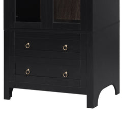 K&K 71" Tall Arched Kitchen Pantry Cabinet with 2 Large Drawers, Modern Farmhouse Kitchen Storage Cabinets with Adjustable Shelves, Glass Door, Wood Versatile Cupboard for Kitchens, Dining Room, Black