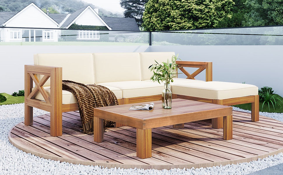 TOPMAX Outdoor Backyard Patio Wood 5-Piece Sectional Sofa Seating Group Set with Cushions, Natural Finish+ Beige Cushions