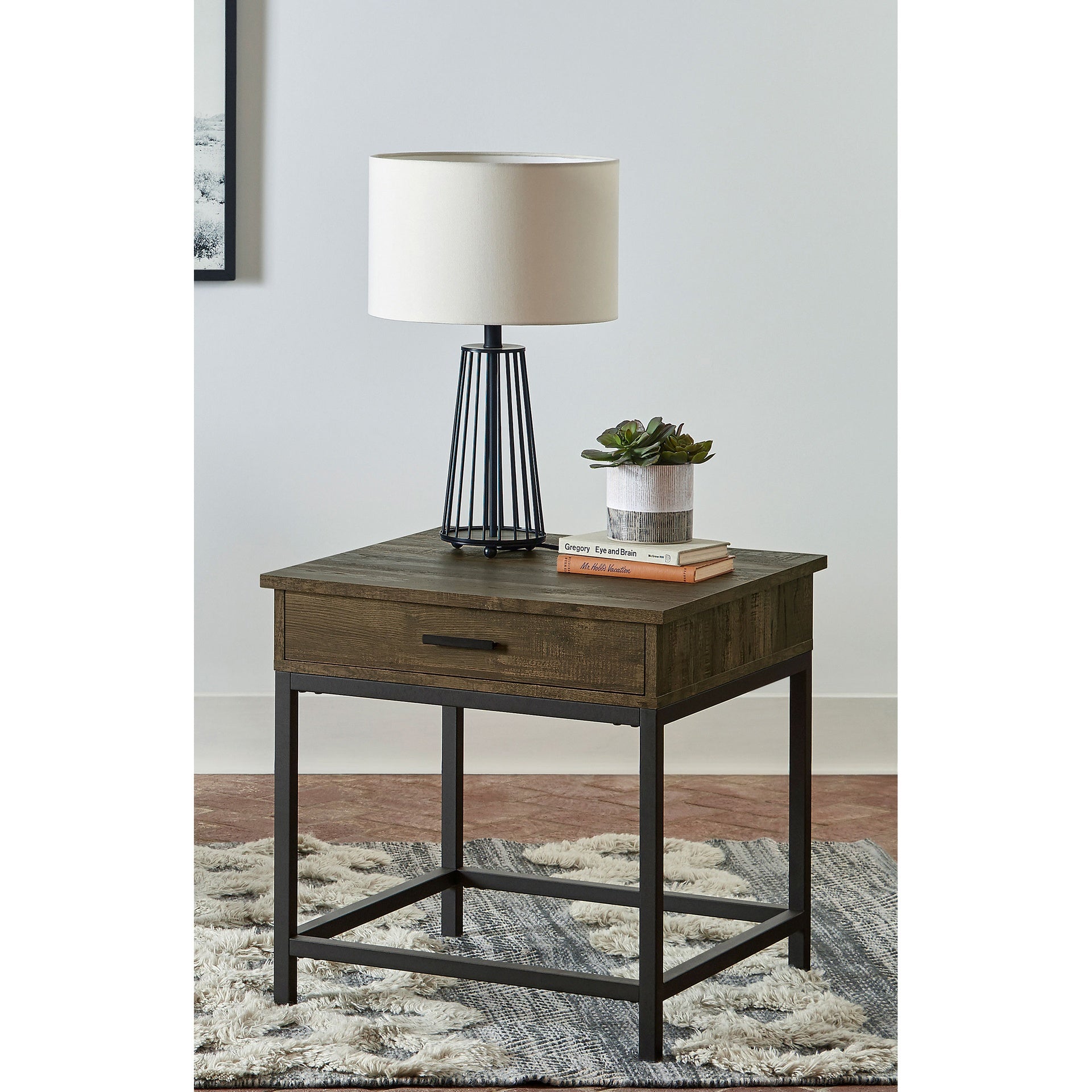 Brown Oak and Sandy Black Square End Table