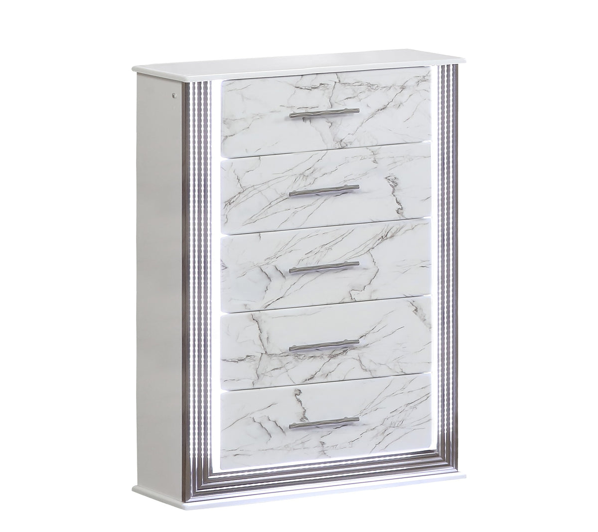 Desire Chest – Marble-Patterned Drawers with LED Side Panels and Metallic Trim for Spacious, Stylish Bedroom Organization      Same as G150109087  (NJ inventory)