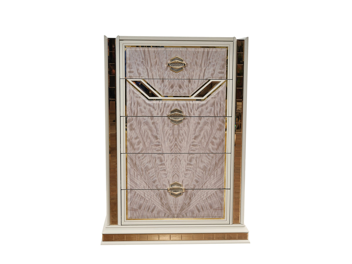 Omari Modern Style 5-Drawer Chest Made with Wood and Gold Accents in Beige      same asG150109295  (NJ inventory)