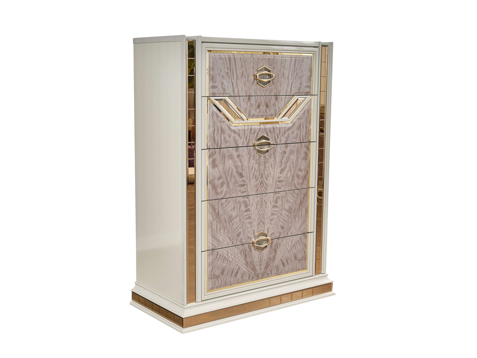 Omari Modern Style 5-Drawer Chest Made with Wood and Gold Accents in Beige      same asG150109295  (NJ inventory)