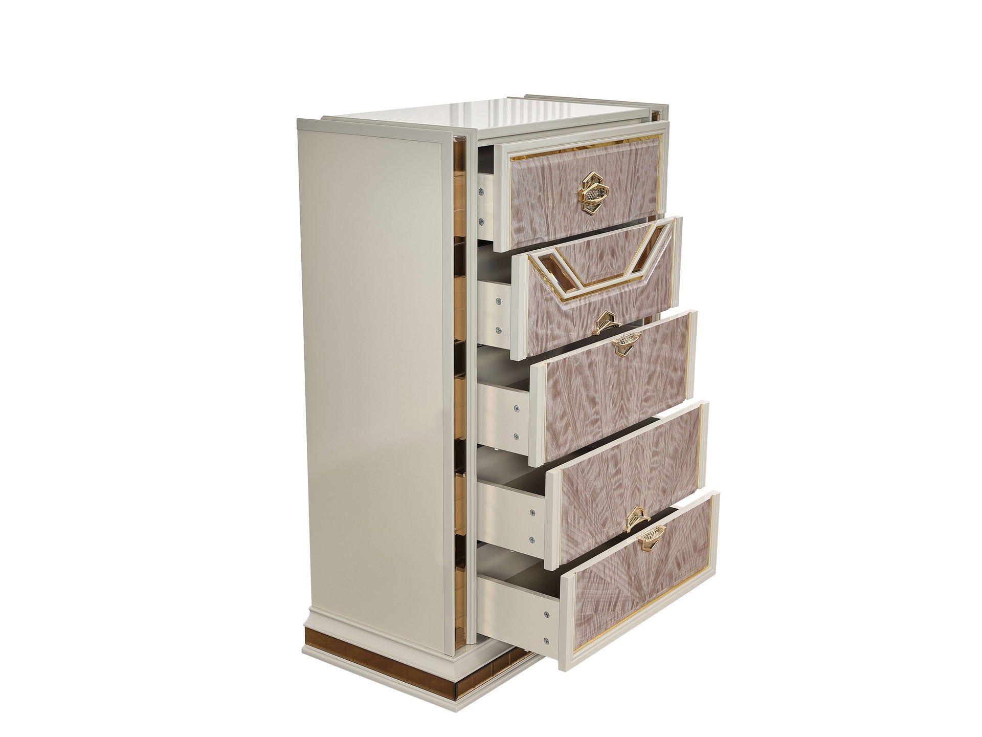 Omari Modern Style 5-Drawer Chest Made with Wood and Gold Accents in Beige      same asG150109295  (NJ inventory)