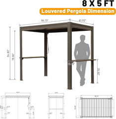 8x5 FT Grill Louvered Pergola for Outdoor Grill, Hardtop Grill Pergola with Built-in Gutter & Adjustable Rainproof Roof, Metal Shelter Gazebo for Patio Backyard Deck -Brown