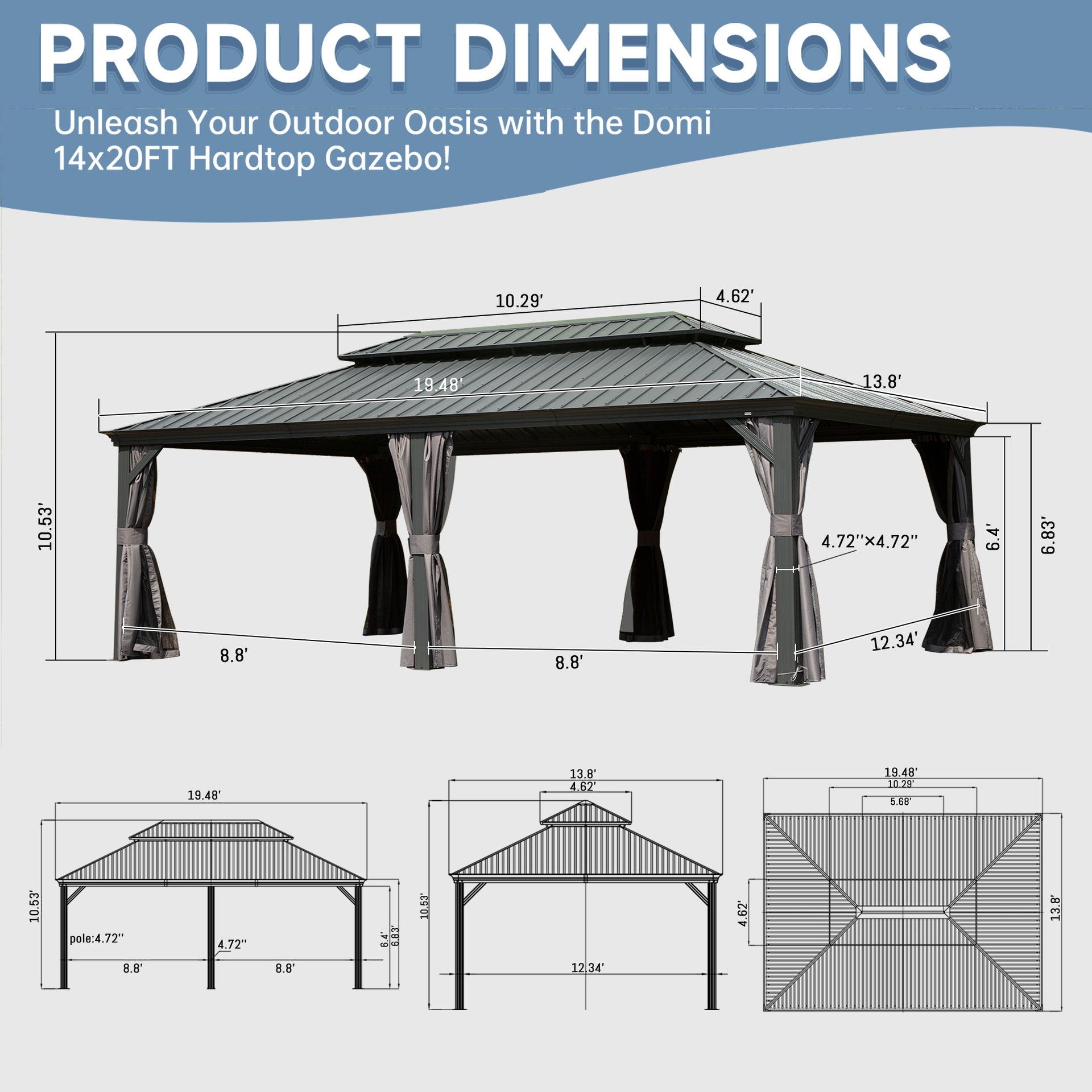 14' X 20' Hardtop Gazebo Outdoor Metal Gazebo Canopy with Galvanized Steel Double Roof, Aluminum Frame, Curtains and Netting for Patio, Deck, Garden, Grey