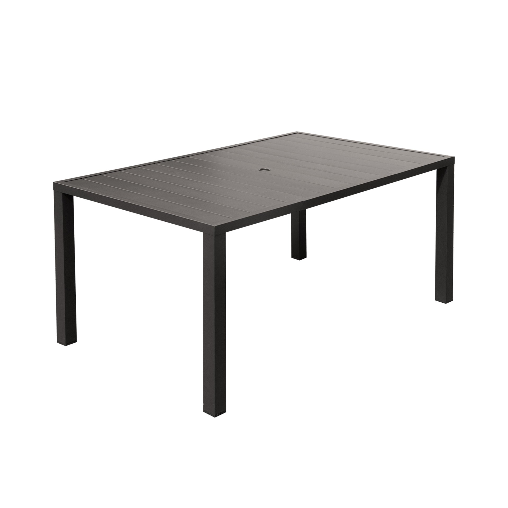 Outdoor Dining Table for 6 Person, Rectangular Slatted Metal Patio Table for Deck Garden Lawn Backyard Use with Umbrella Hole, Brown