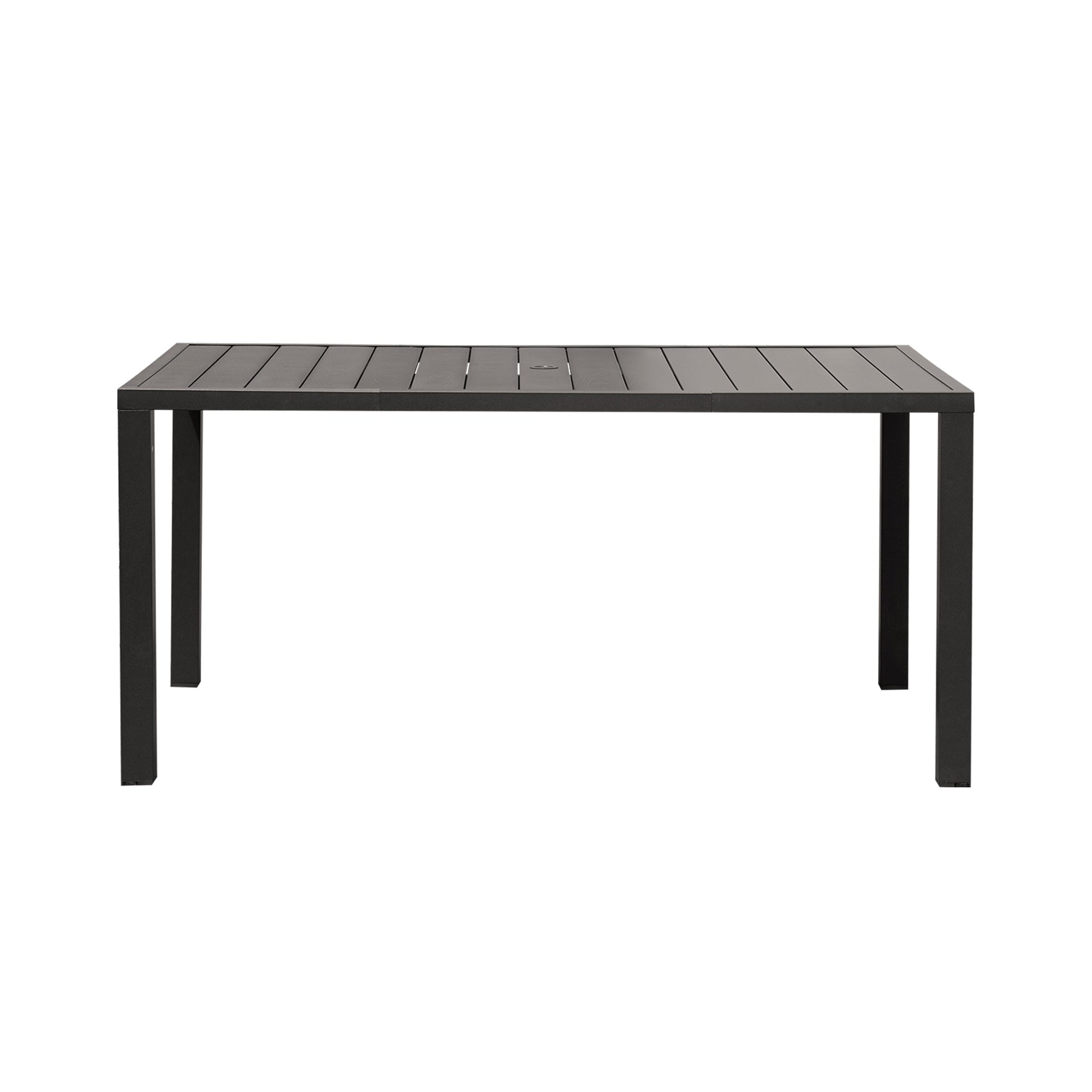 Outdoor Dining Table for 6 Person, Rectangular Slatted Metal Patio Table for Deck Garden Lawn Backyard Use with Umbrella Hole, Brown