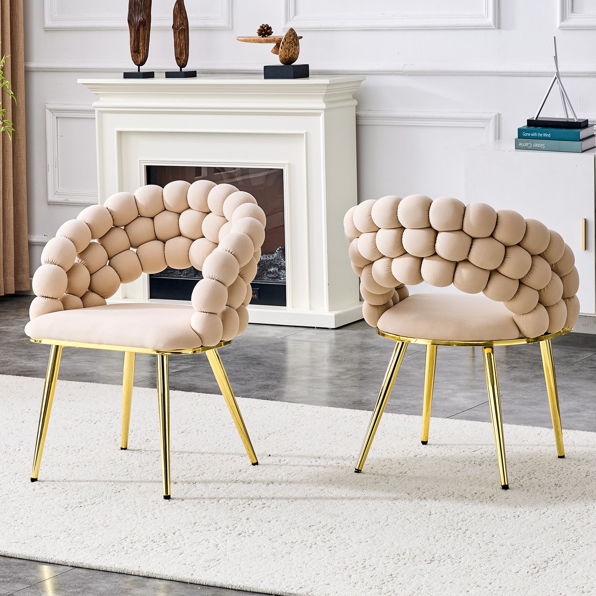 Set of 2 Beige Puffy Bubble Chair Ball Chain Chair Velvet Dining Chairs with Gold Plated Legs, Modern Accent Chairs for Dining Room & Kitchen