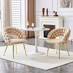 Set of 2 Beige Puffy Bubble Chair Ball Chain Chair Velvet Dining Chairs with Gold Plated Legs, Modern Accent Chairs for Dining Room & Kitchen