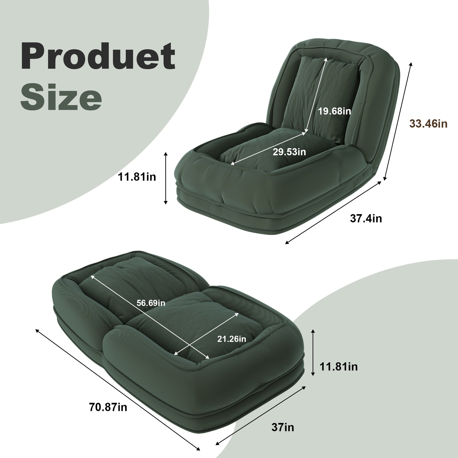 Upholstered  Human Dog Bed for Adults and Pets, Foldable Lazy Sofa Bed with 5 Adjustable Position, Includes 2 Soft Pillows for Bedroom, Living Room, Reading Corner(Green)