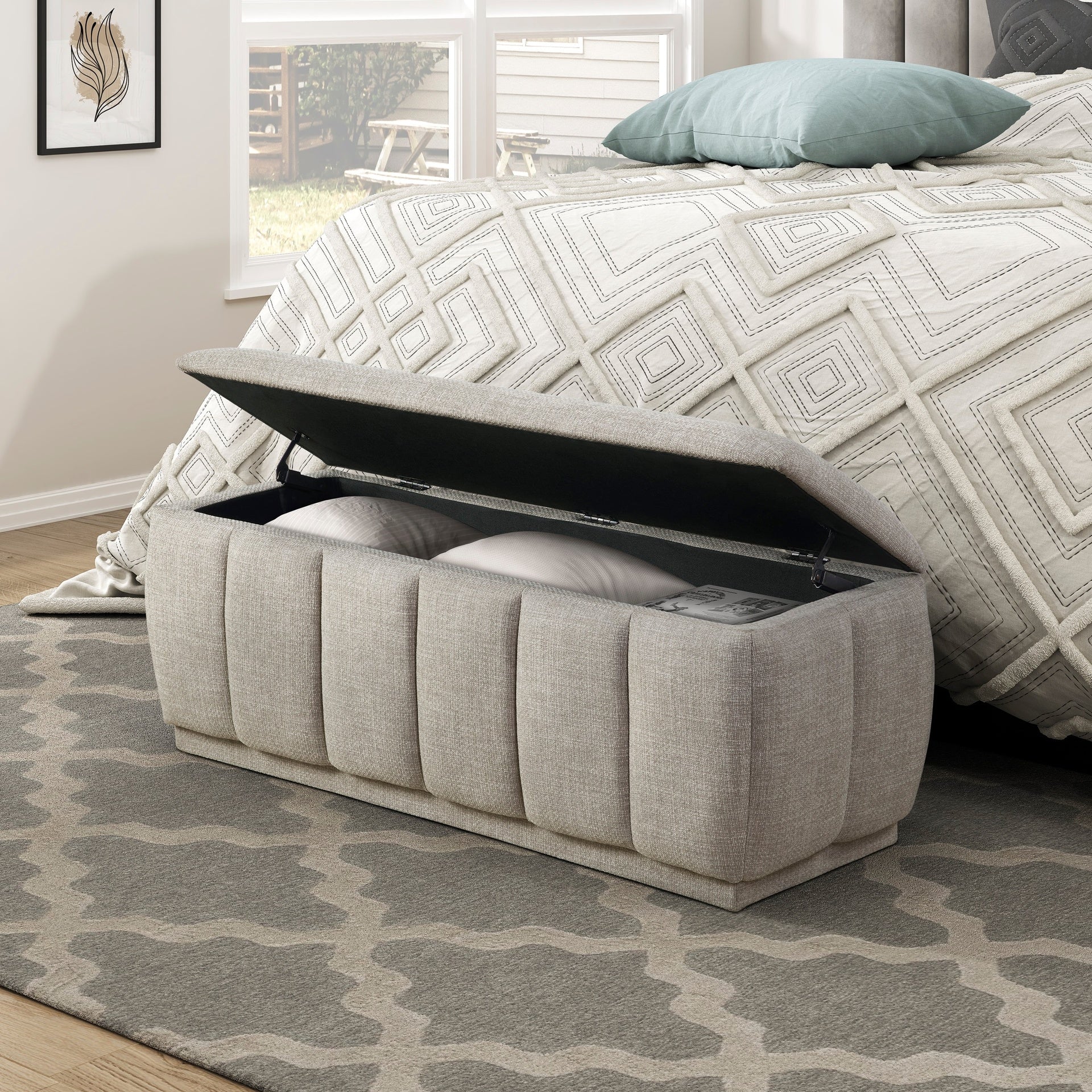 Modern Taupe Storage Bench Cushion Seat 1pc Plywood Frame Fabric Upholstery Home Furniture