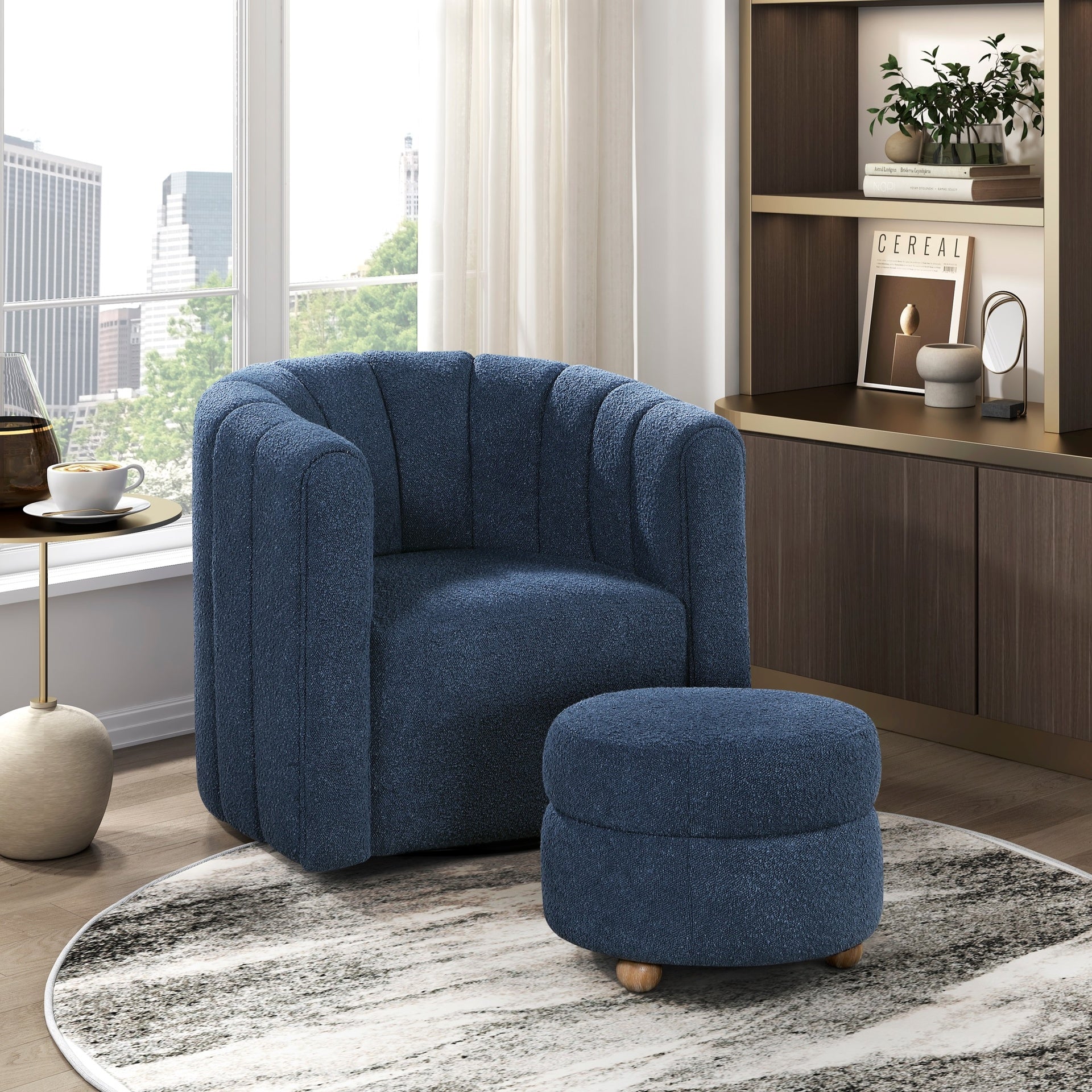 Modern Contemporary Swivel Chair with Ottoman Blue Boucle Fabric Upholstery Solid Wood Living Room Furniture