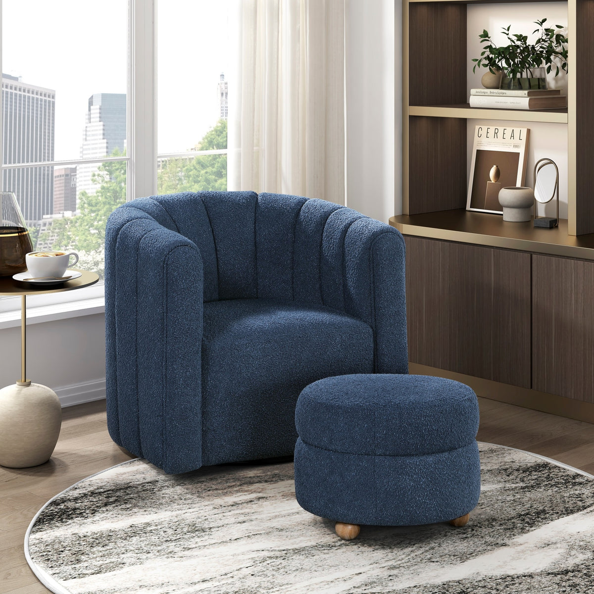 Modern Contemporary Swivel Chair with Ottoman Blue Boucle Fabric Upholstery Solid Wood Living Room Furniture