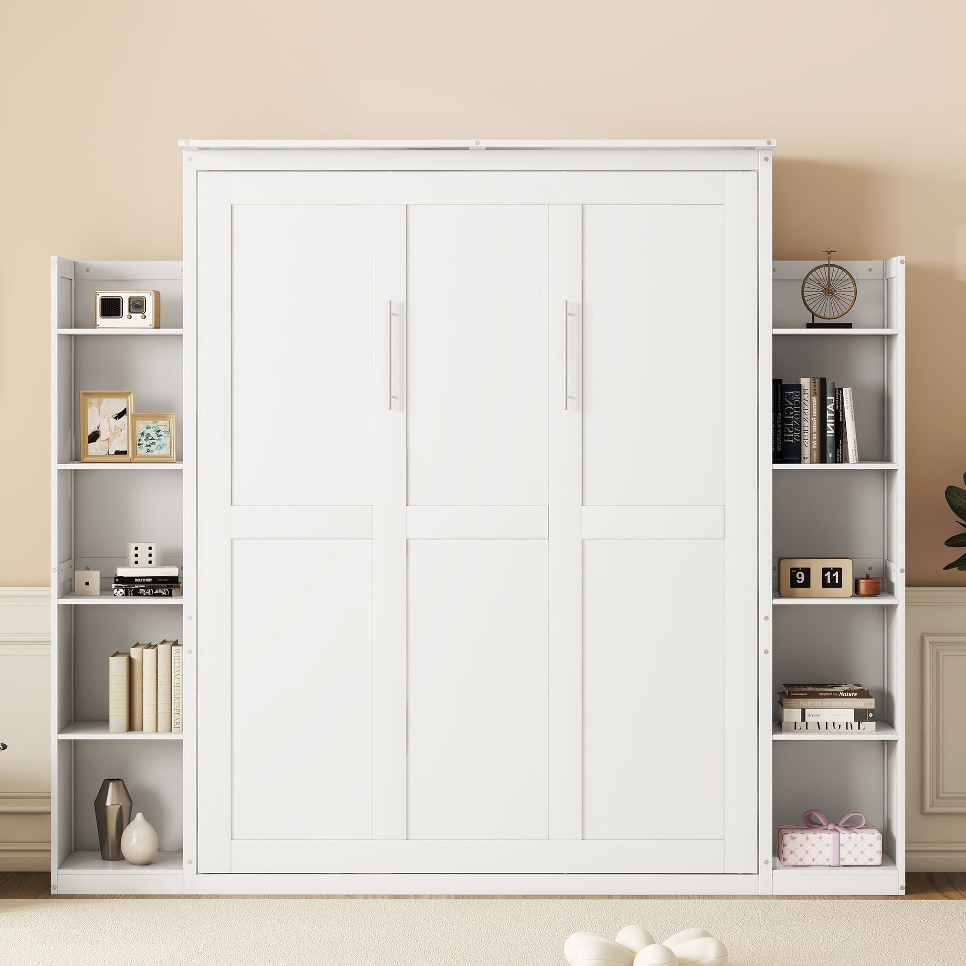 Queen Size Murphy Bed Wall Bed with Shelves and LED Lights,White(OLD SKU:LP000695AAK)