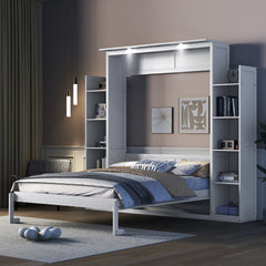 Queen Size Murphy Bed Wall Bed with Shelves and LED Lights,White(OLD SKU:LP000695AAK)