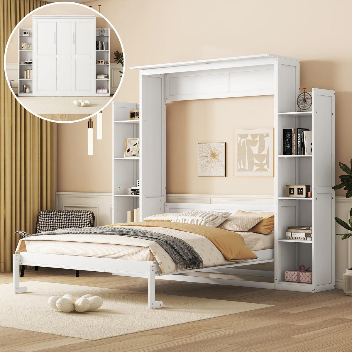 Queen Size Murphy Bed Wall Bed with Shelves and LED Lights,White(OLD SKU:LP000695AAK)