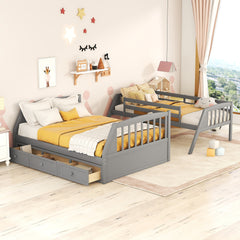 Twin-Over-Full Bunk Bed with Drawers，Ladder and Storage Staircase, Gray