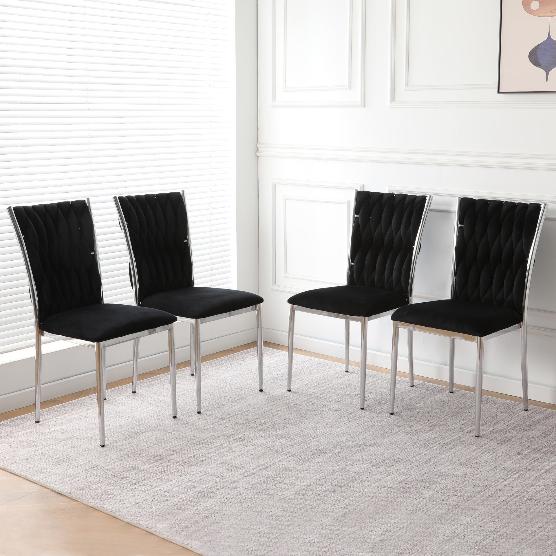 Modern simple black velvet dining chair, family bedroom stool back student table chair, Electroplated metal chair legs, suitable for dining room kitchen bedroom (set of 4)