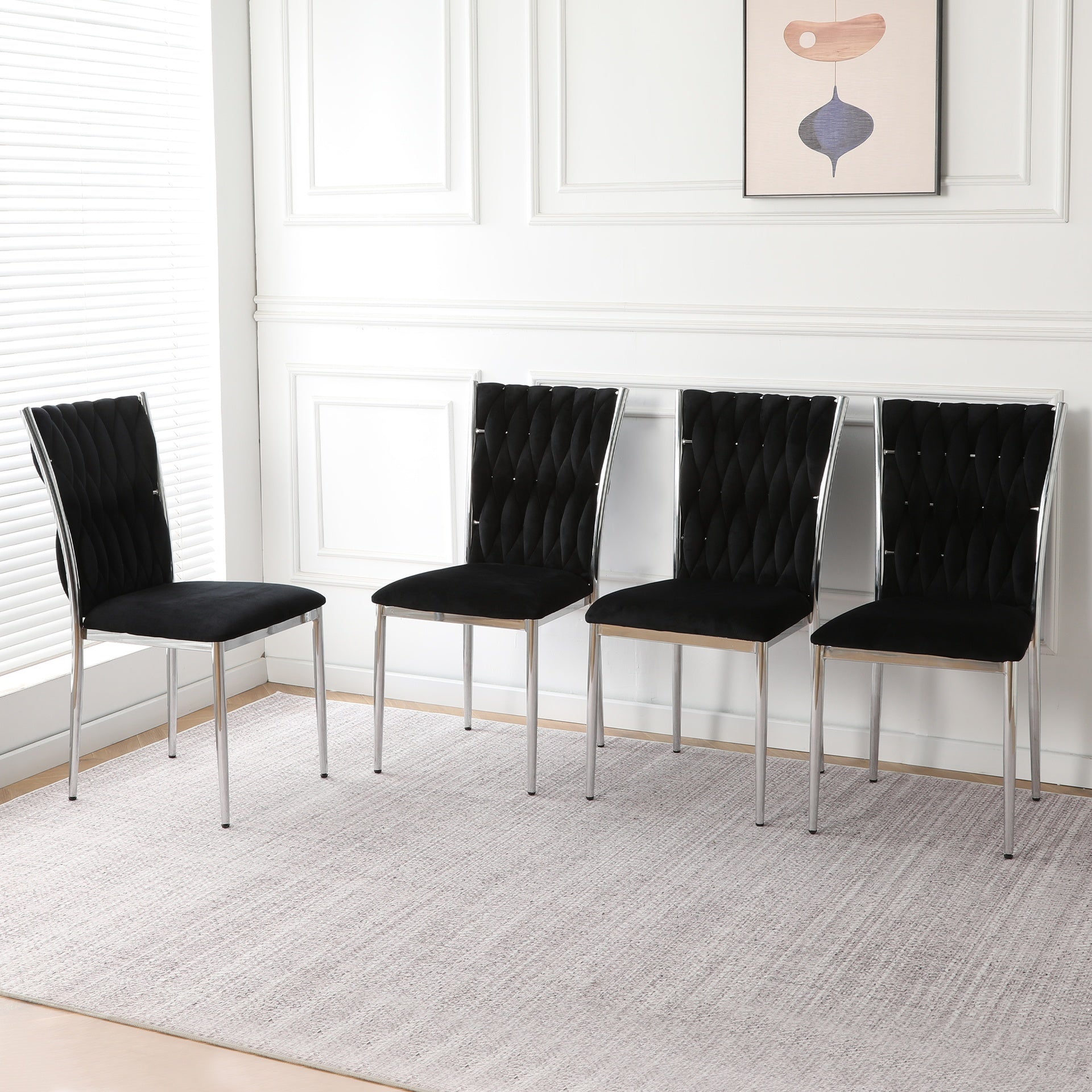 Modern simple black velvet dining chair, family bedroom stool back student table chair, Electroplated metal chair legs, suitable for dining room kitchen bedroom (set of 4)
