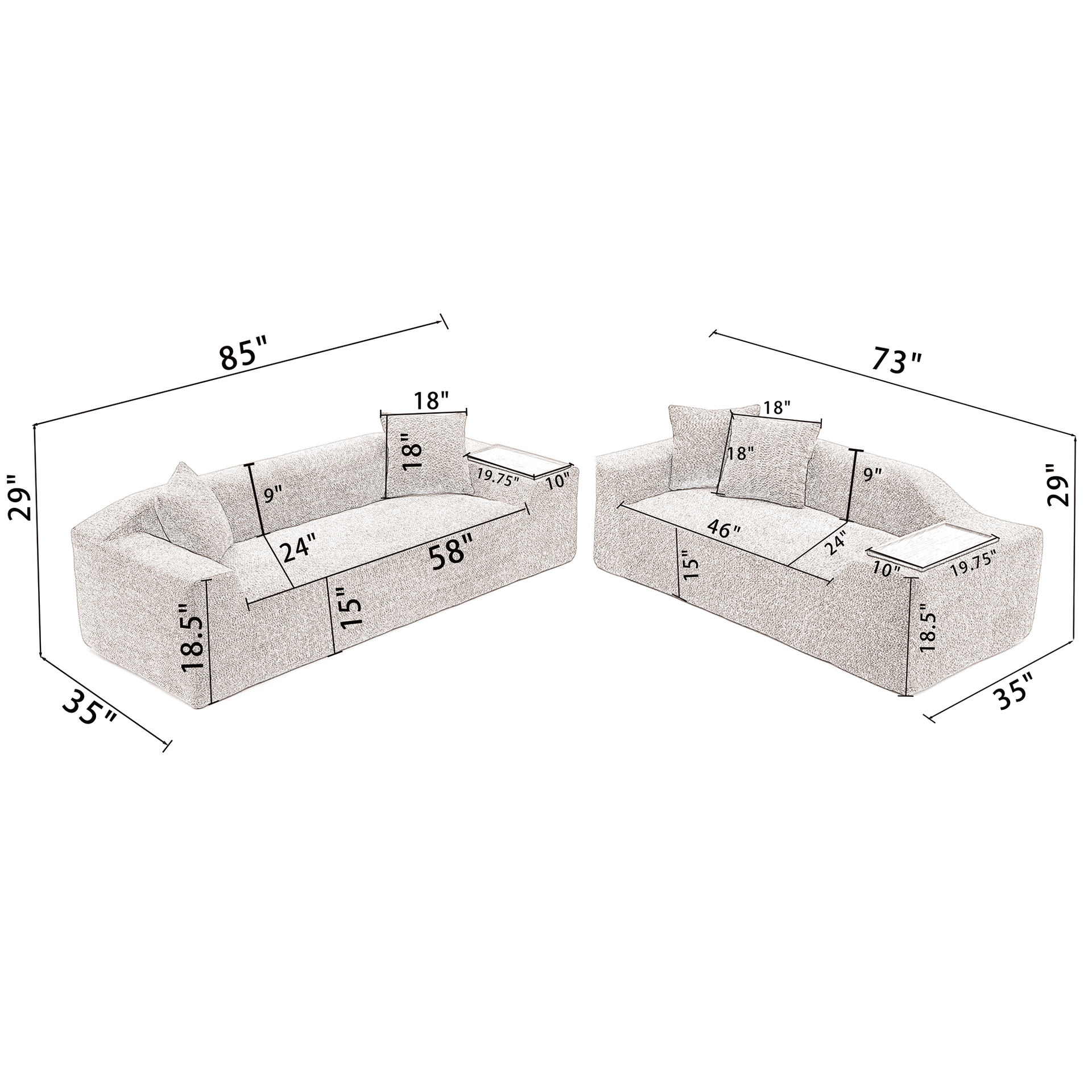 2 Piece Boucle Cloud Sofa Set, Upholstered Sofa Set, Modern 3 Seater and 2 Seater Sofa with MDF End Table for Living Room ,Apartment,3+2 couch,Boucle,Dark Gray