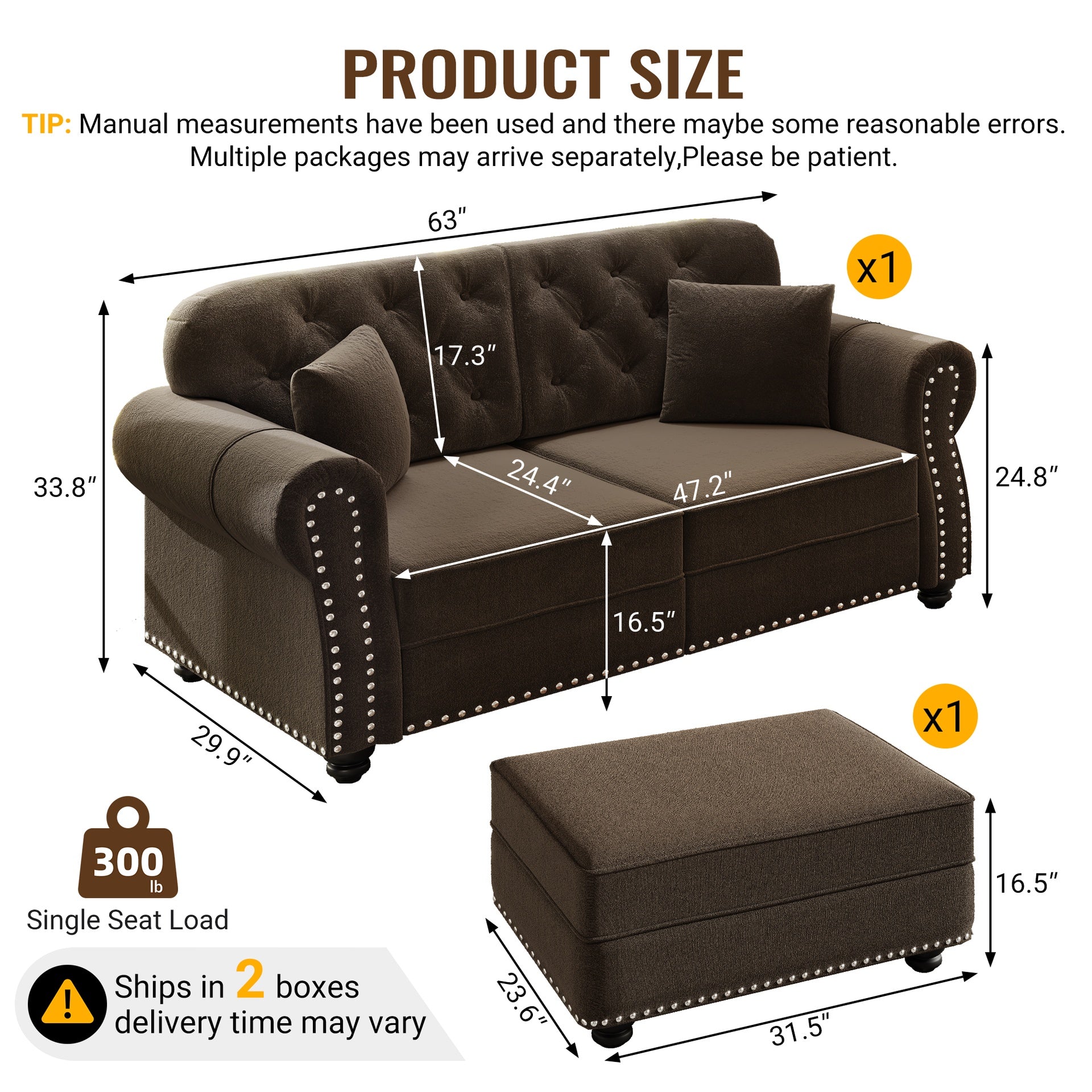 63"Upholstered Velvet Sofa with Nailhead Trim and Rolled Armrests,Mid-Century Modern Chesterfield Sofa with Button  Tufted,Includes 2 Pillows,Brown