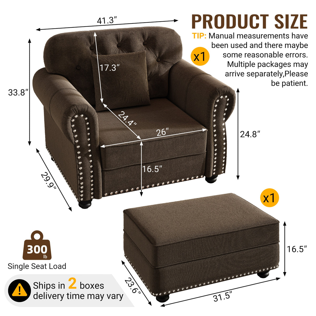 41.3"Upholstered Velvet Sofa with Nailhead Trim and Rolled Armrests,Mid-Century Modern Chesterfield Sofa with Button  Tufted,Includes 1 Pillows,Brown