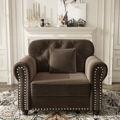 41.3"Upholstered Velvet Sofa with Nailhead Trim and Rolled Armrests,Mid-Century Modern Chesterfield Sofa with Button  Tufted,Includes 1 Pillows,Brown