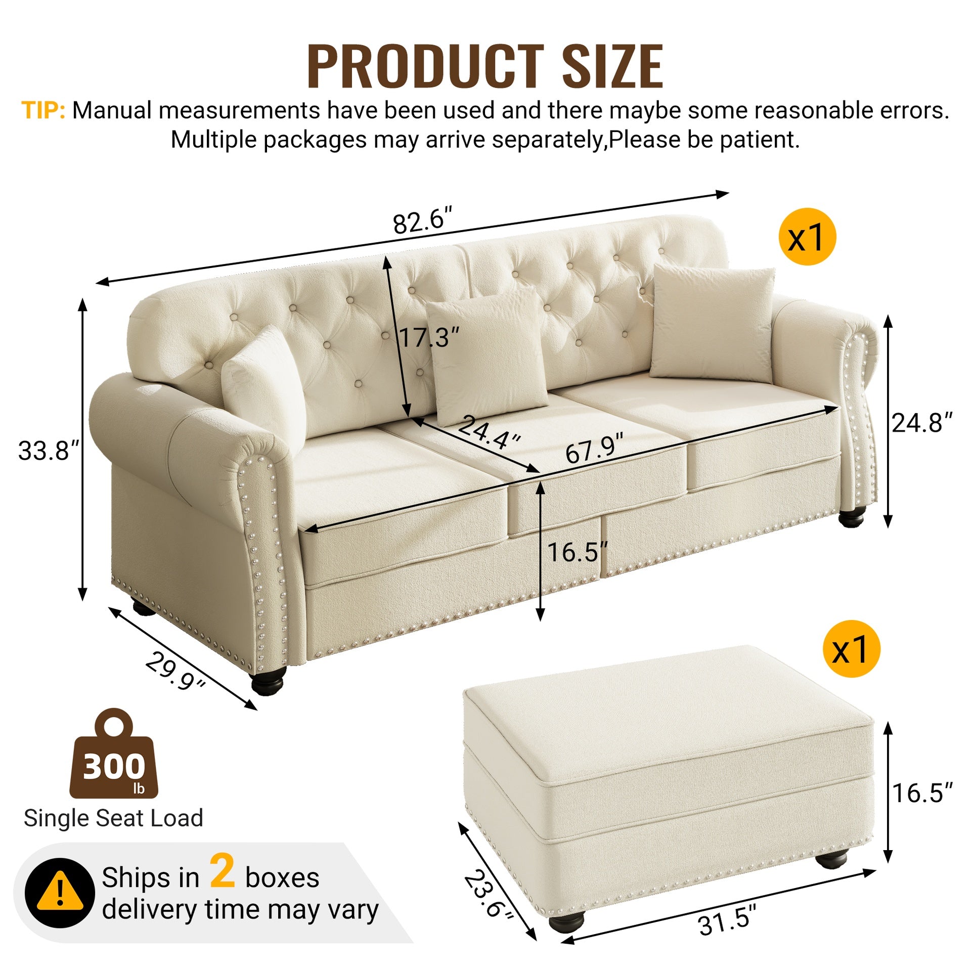 82.6"Upholstered Velvet Sofa with Nailhead Trim and Rolled Armrests,Mid-Century Modern Chesterfield Sofa with Button Tufted,Includes 3 Pillows,Beige/White