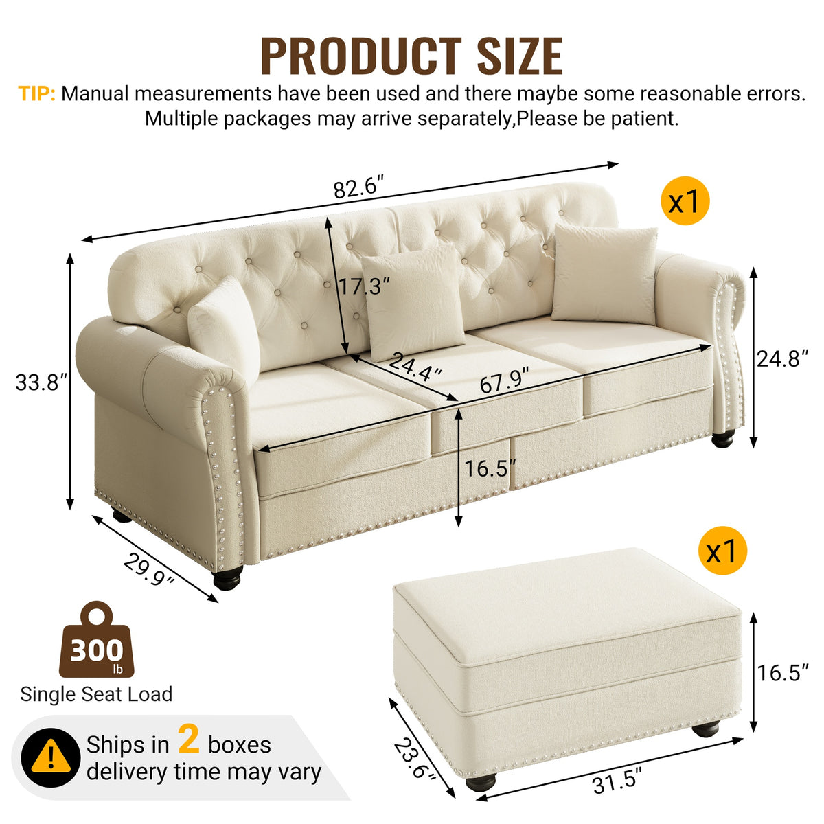 82.6"Upholstered Velvet Sofa with Nailhead Trim and Rolled Armrests,Mid-Century Modern Chesterfield Sofa with Button Tufted,Includes 3 Pillows,Beige/White