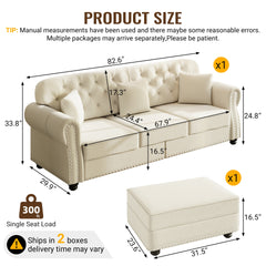 82.6"Upholstered Velvet Sofa with Nailhead Trim and Rolled Armrests,Mid-Century Modern Chesterfield Sofa with Button Tufted,Includes 3 Pillows,Beige/White