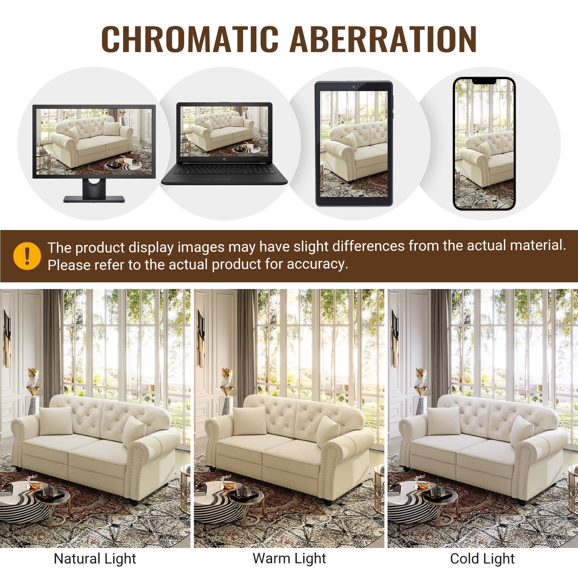 82.6"Upholstered Velvet Sofa with Nailhead Trim and Rolled Armrests,Mid-Century Modern Chesterfield Sofa with Button Tufted,Includes 3 Pillows,Beige/White
