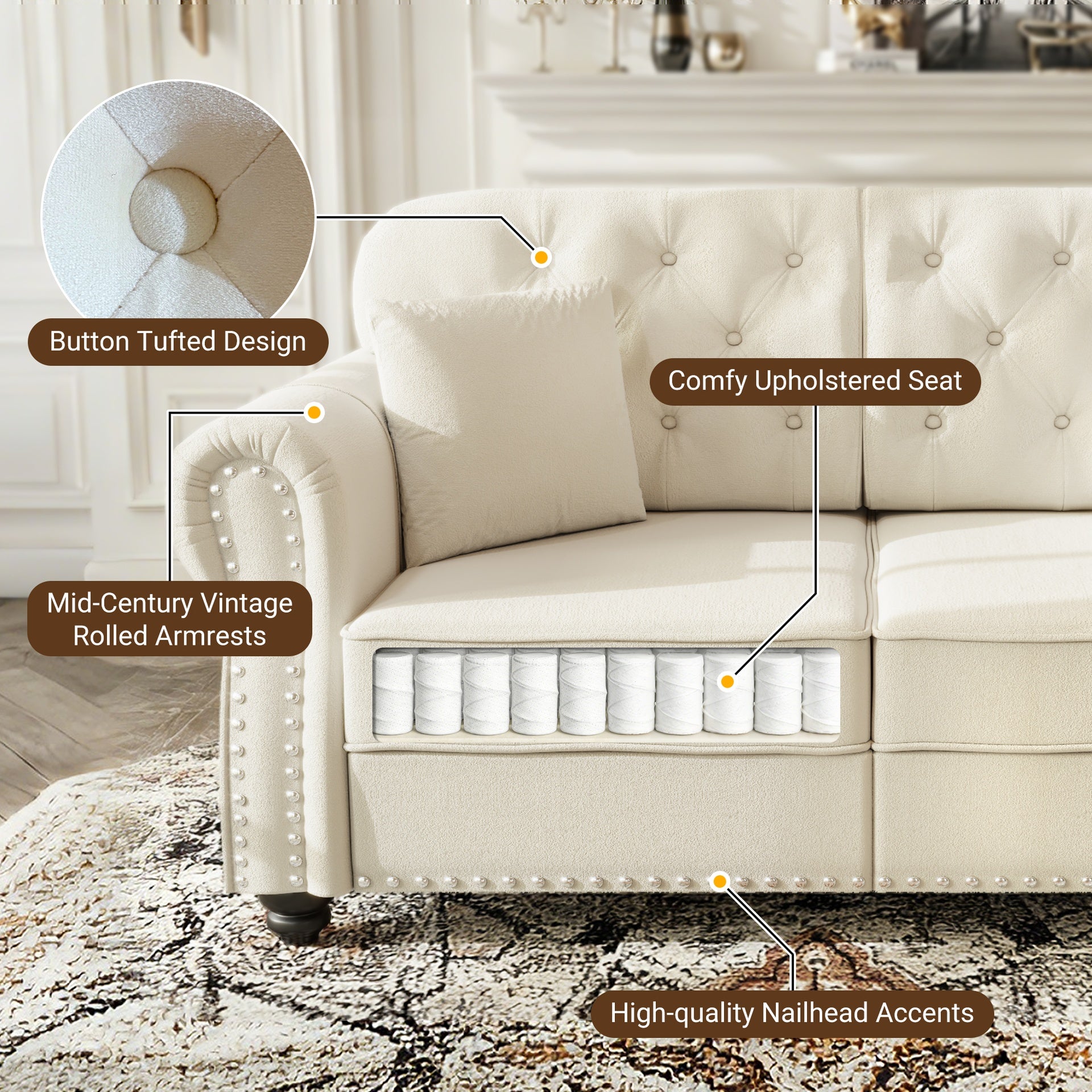 82.6"Upholstered Velvet Sofa with Nailhead Trim and Rolled Armrests,Mid-Century Modern Chesterfield Sofa with Button Tufted,Includes 3 Pillows,Beige/White