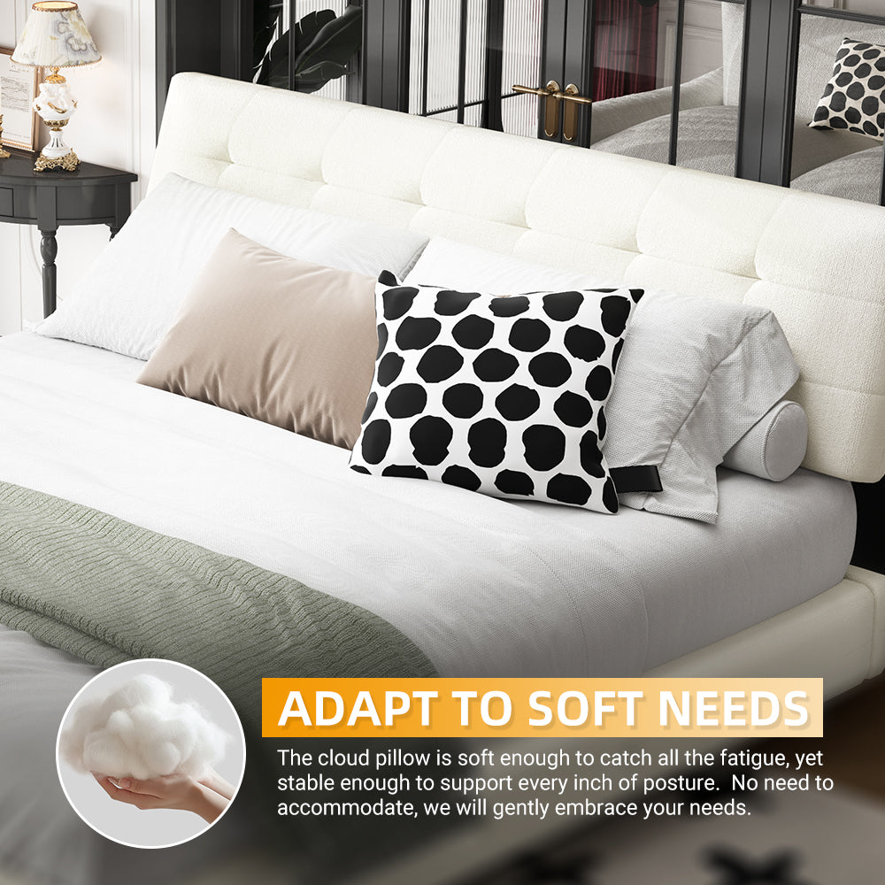 Queen Size Bed Frame,Tufted Headboard with Extra-Large Ultra-Soft Cloud Pillow Design,Chenille Platform Bed with Metal and Wooden Slats Double Support,Solid and Stable,Noise-Free,Beige/White