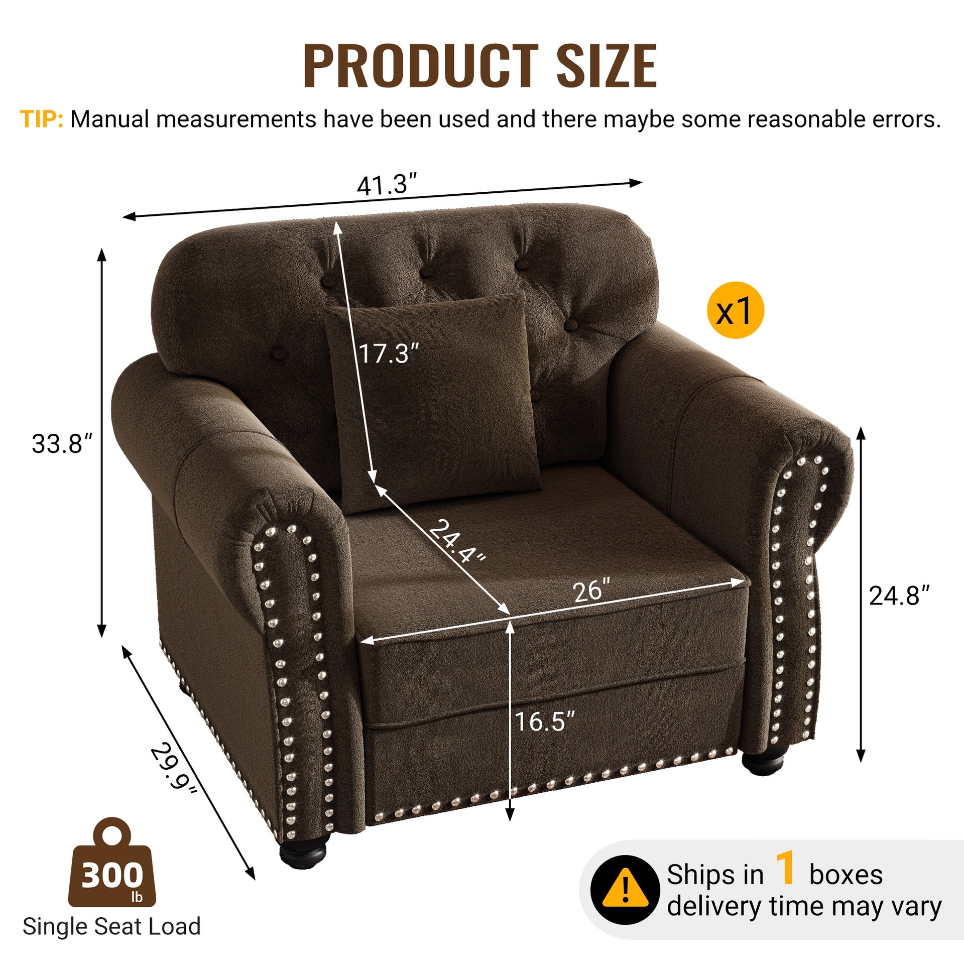 41.3"Upholstered Velvet Sofa with Nailhead Trim and Rolled Armrests,Mid-Century Modern Chesterfield Sofa with Button  Tufted,Includes 1 Pillows,Brown