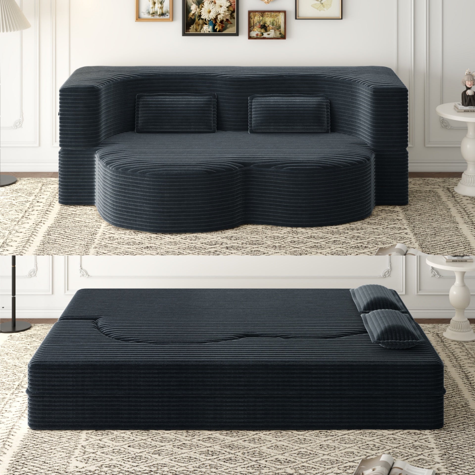 Modern Floor Sofa with 2 Pillows,Convertible Plush Corduroy Foam-Filled Sleeper Sofa Bed,15" Full Size Folding Mattress for Living Room,Guest Bed,no assembly required,Dark Grey