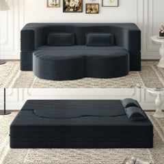 Modern Floor Sofa with 2 Pillows,Convertible Plush Corduroy Foam-Filled Sleeper Sofa Bed,15" Full Size Folding Mattress for Living Room,Guest Bed,no assembly required,Dark Grey