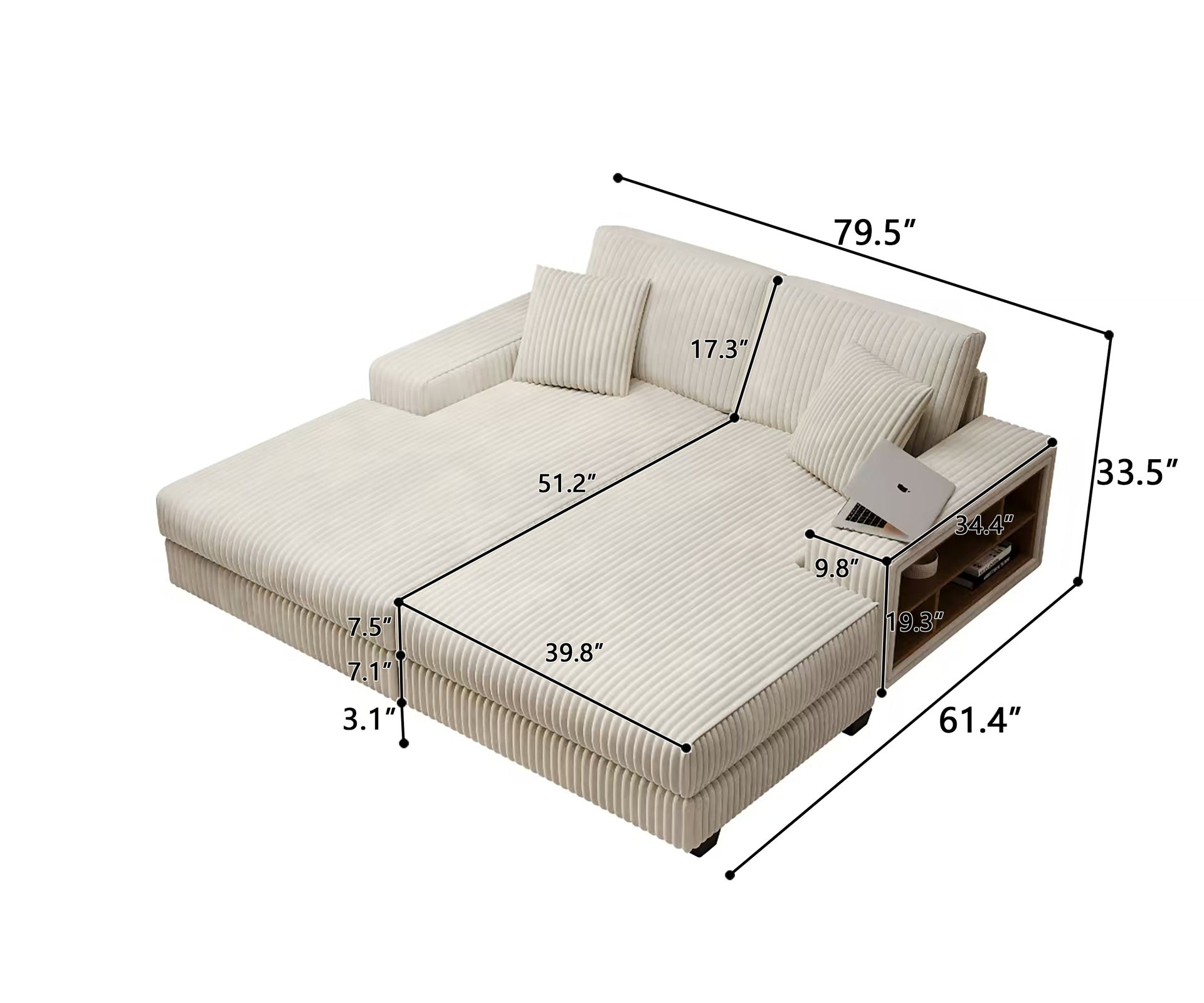 Convertible combination sofa, corduroy fabric, fluffy modern sleeper sofa chair, oversized combination living room double lounge chair,Beige