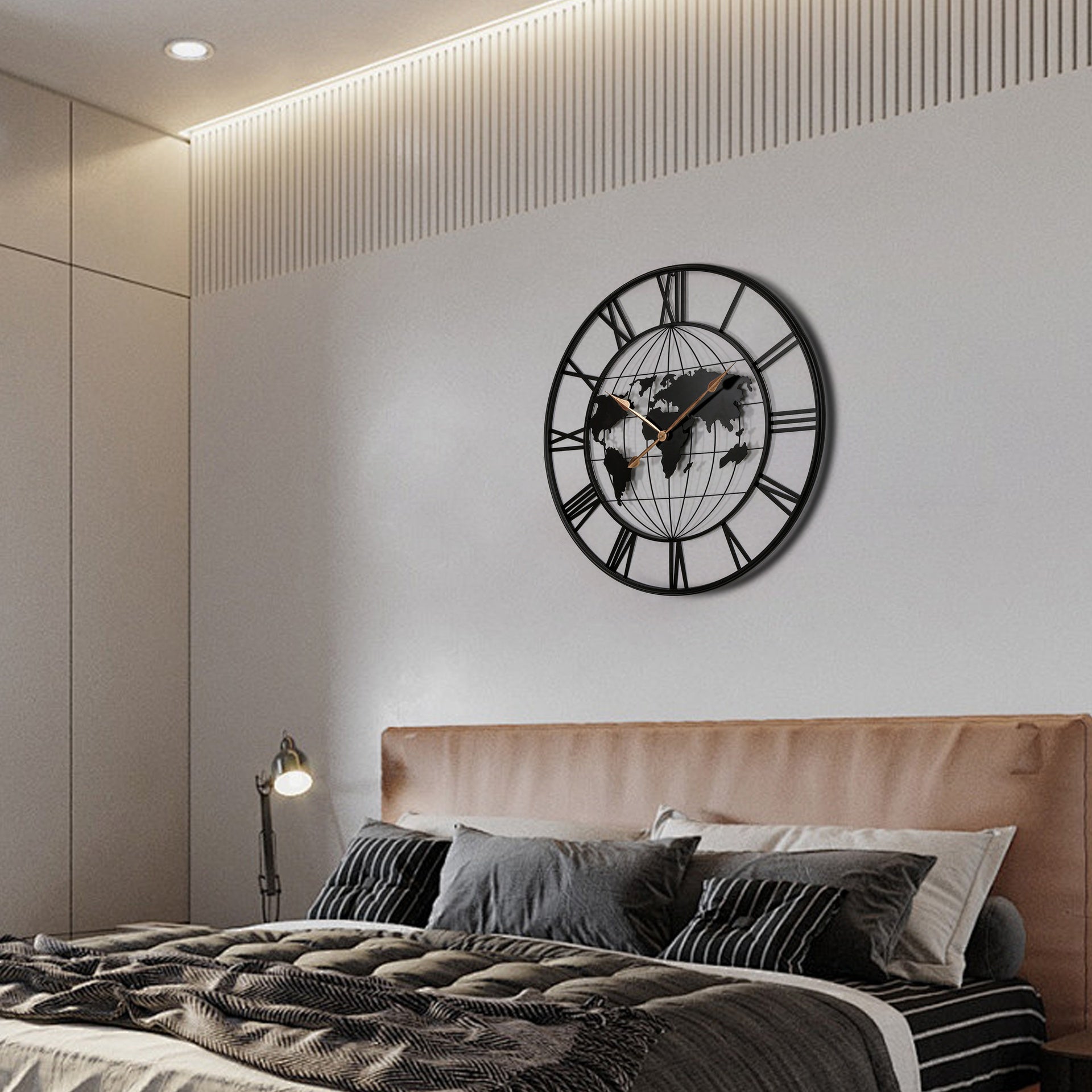 36 Inch Large Black Metal Wall Clock, Modern Silent World Map Wall Clock with Gold Pointers, Decorative for Living Room, Entryway, Dinning Room, Bedroom