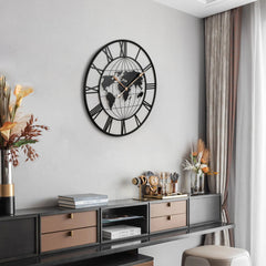36 Inch Large Black Metal Wall Clock, Modern Silent World Map Wall Clock with Gold Pointers, Decorative for Living Room, Entryway, Dinning Room, Bedroom