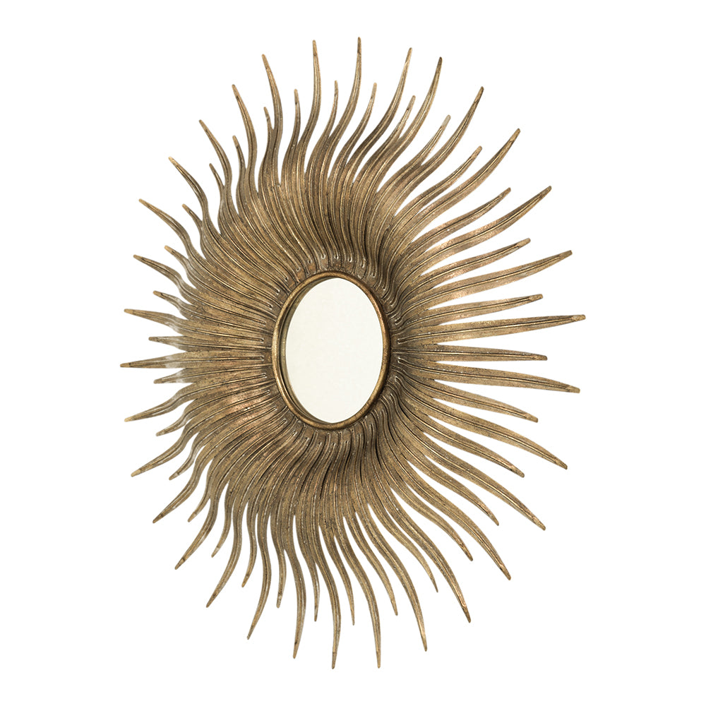 28.3" in Retro Design Gold Sunburst Metal Wall Mirror Decorative Mirror for a Bedroom, Dressing Room, Hallway or Living Space.