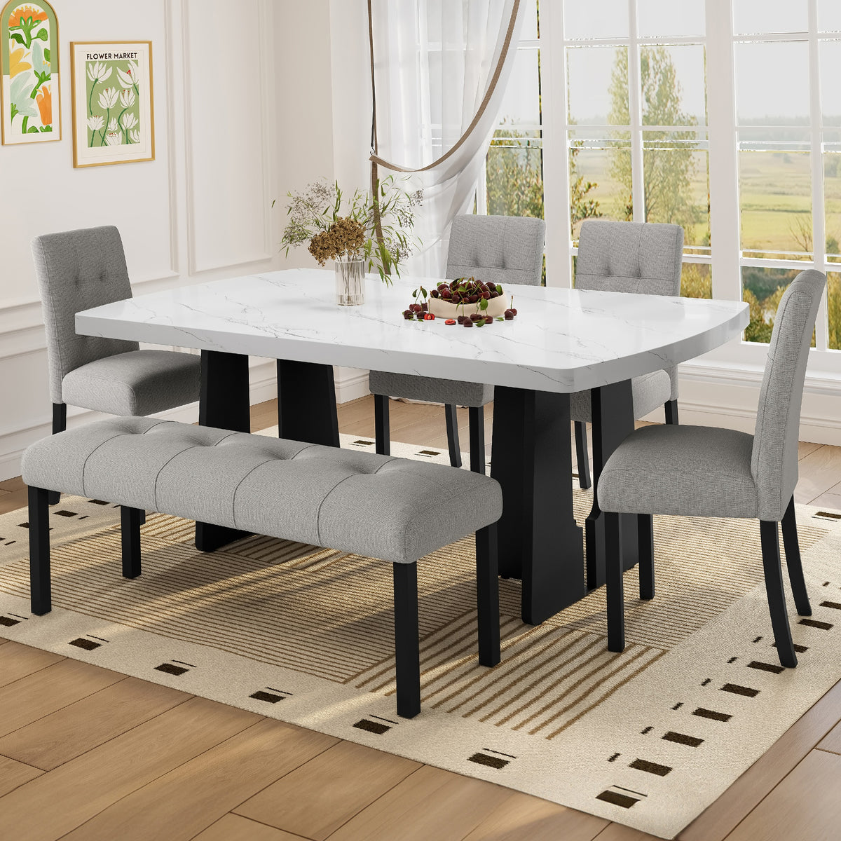 6 Piece Modern Dining Table Set, 63" Faux Marble Dining Table with Geometric Legs & 4 Upholstered Chairs & 1 Bench, Suitable for Dining Kitchen Room,Easy to Assemble, White+Gray