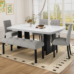6 Piece Modern Dining Table Set, 63" Faux Marble Dining Table with Geometric Legs & 4 Upholstered Chairs & 1 Bench, Suitable for Dining Kitchen Room,Easy to Assemble, White+Gray